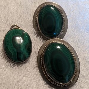 Vintage Malachite Pendant and Earrings 925 silver